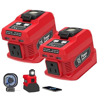 2 Pack 220W Power Inverter Compatible with Milwaukee 18V Battery, DC 18V to AC 110V-120V Portable Power Generator, Inverter with 2 USB Ports 1 Type-C 1 AC Outlet, 400 Lumen Light