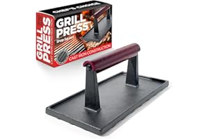 SHOP SQUARE Cast Iron Grill Press - 8 x 4 Inch, 2.6 lb Griddle Press with Cool-Touch Wood Handle - Pre-seasoned for Steak, Burgers, Sandwiches, and Paninis – Non-Stick Grill Weight