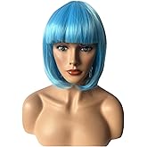 OYSRONG Women Short 11.81'' Bob Sky Blue Straight Multifunction Synthetic Hair Cosplay Wig, Flat Bangs Bob Wig(Sky Blue)