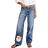 Christmas Jeans for Women Mid Rise Straight Leg Stretchy Denim with Festive Patch Pocket Holiday Embroidery