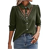 OYOANGLE Women's Lace Sheer Button Down Puff Long Sleeve Blouse Business Casual Dressy Tops