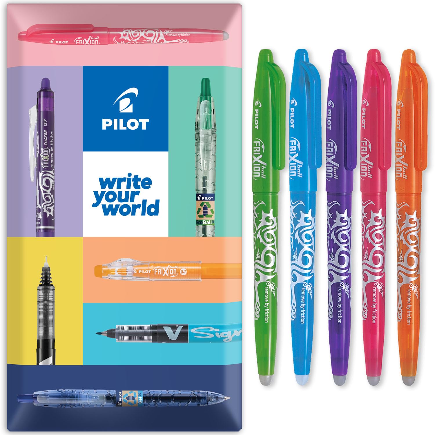 PILOT Frixion Heat/Friction Erasable Rollerball Pen FR7 - Medium Line 0.7mm Tip Nib - Floral Pack of 5 - Lime Green, Light Blue, Violet, Pink & Orange - In Envelope Gift Packaging