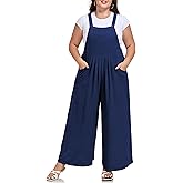 Moon Wood Plus Size Overalls for Women Loose Fit Bib Rompers Adjustable Straps Wide Leg Jumpsuits with Pockets