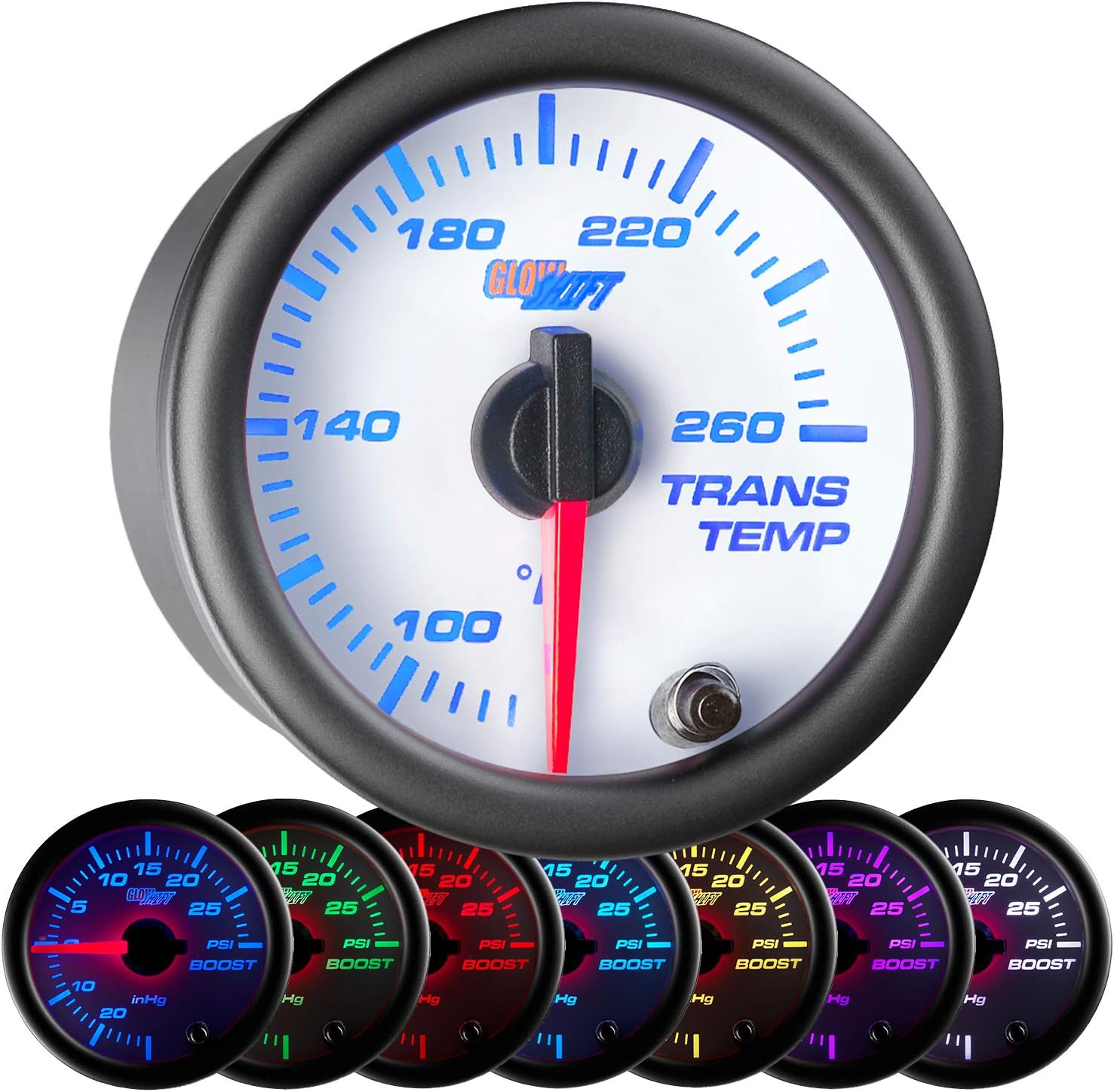 GlowShift White 7 Color 260 F Transmission Temperature Gauge Kit - Includes Electronic Sensor - White Dial - Clear Lens - for Car & Truck - 2-1/16" 52mm