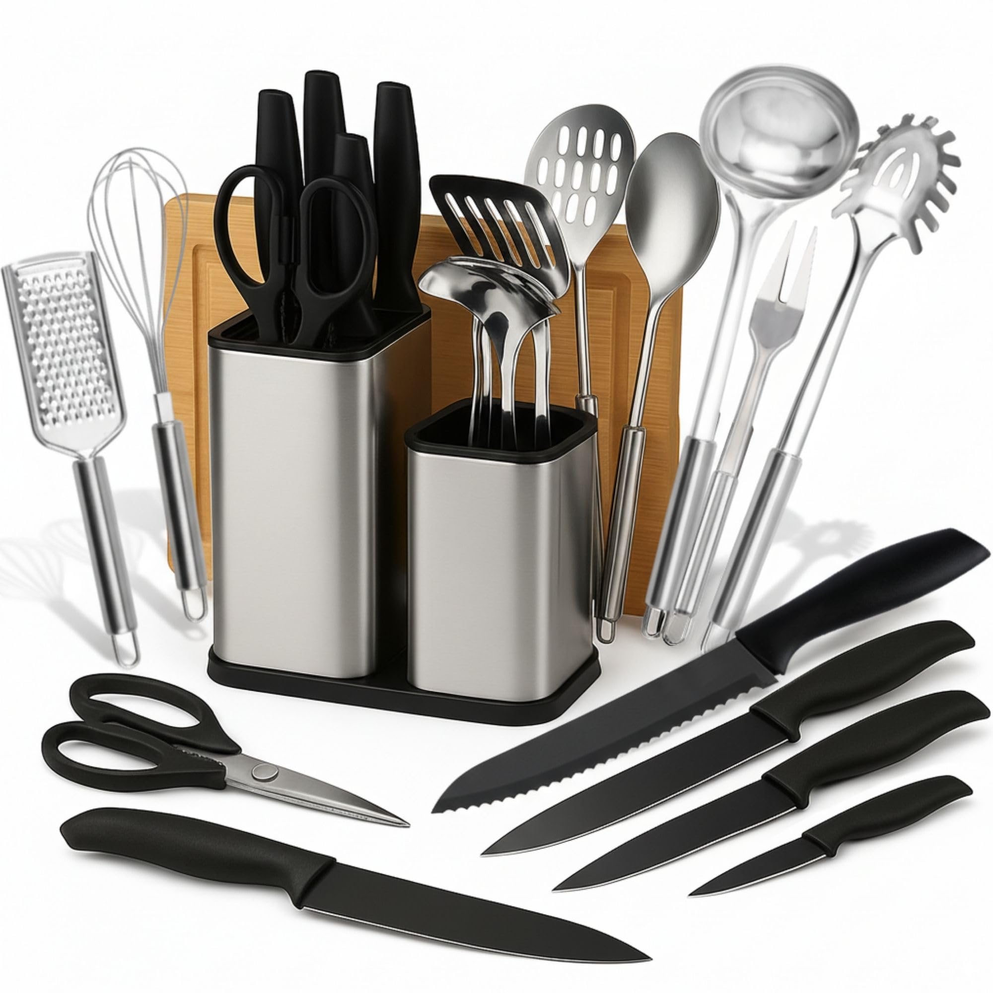 Photo 1 of ***FACTORY SEALED***17-Piece Stainless steel kitchen utensils set with holder. Includes Kitchen Knife Set with block, cooking utensils set stainless steel and wood chopping board. Stainless steel cooking utensils set