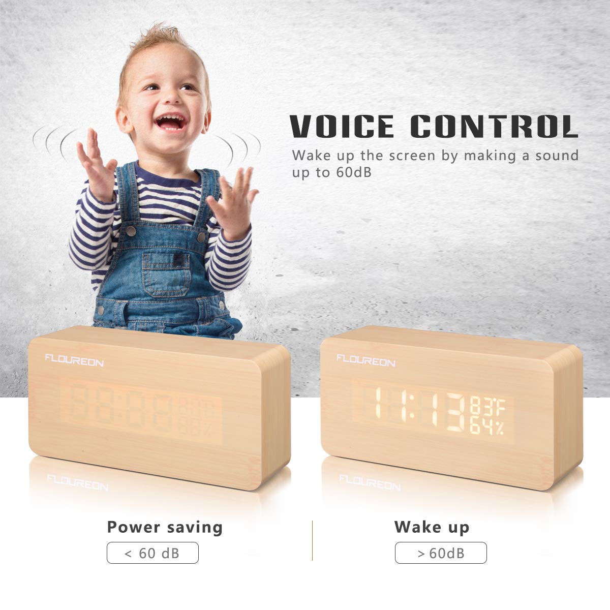 floureon Wooden LED Alarm Clock, FOULREN Wood Cube Digital Desk Alarm Clock with 3 Brightness Adjustable, 3 Set of Alarm, Dual Power, Voice Control, Time/Temperature/ Humidity Displaying (Wooden)