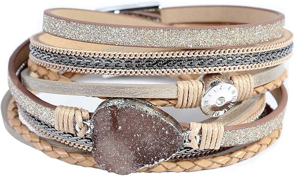 Leather Cuff Bracelet for Women - Boho Beads Wrap Clasp Bangle Bracelet Leather Wristbands Birthday Gifts for Women(Brown with druzy): Jewelry