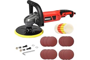 SHALL 7" Rotary Buffer Polisher, 1200W Car Wax Polisher, 4Pcs Buffing & Polishing Wheels and 12Pcs Sandpapers, Detachable Han