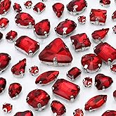 Dowarm Sew on Rhinestones 104 PCS Mixed Shapes Glass Sew on Crystals for Crafts Metal Flatback Claw Gemstones for Jewelry Making Costumes Clothes Garment, Red