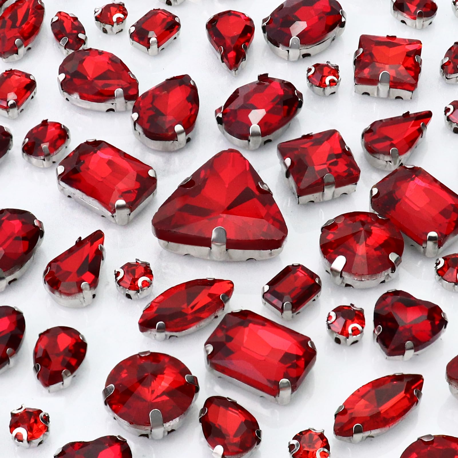 Photo 1 of Dowarm Sew on Rhinestones 104 PCS Mixed Shapes Glass Sew on Crystals for Crafts Metal Flatback Claw Gemstones for Jewelry Making Costumes Clothes Garment, Red