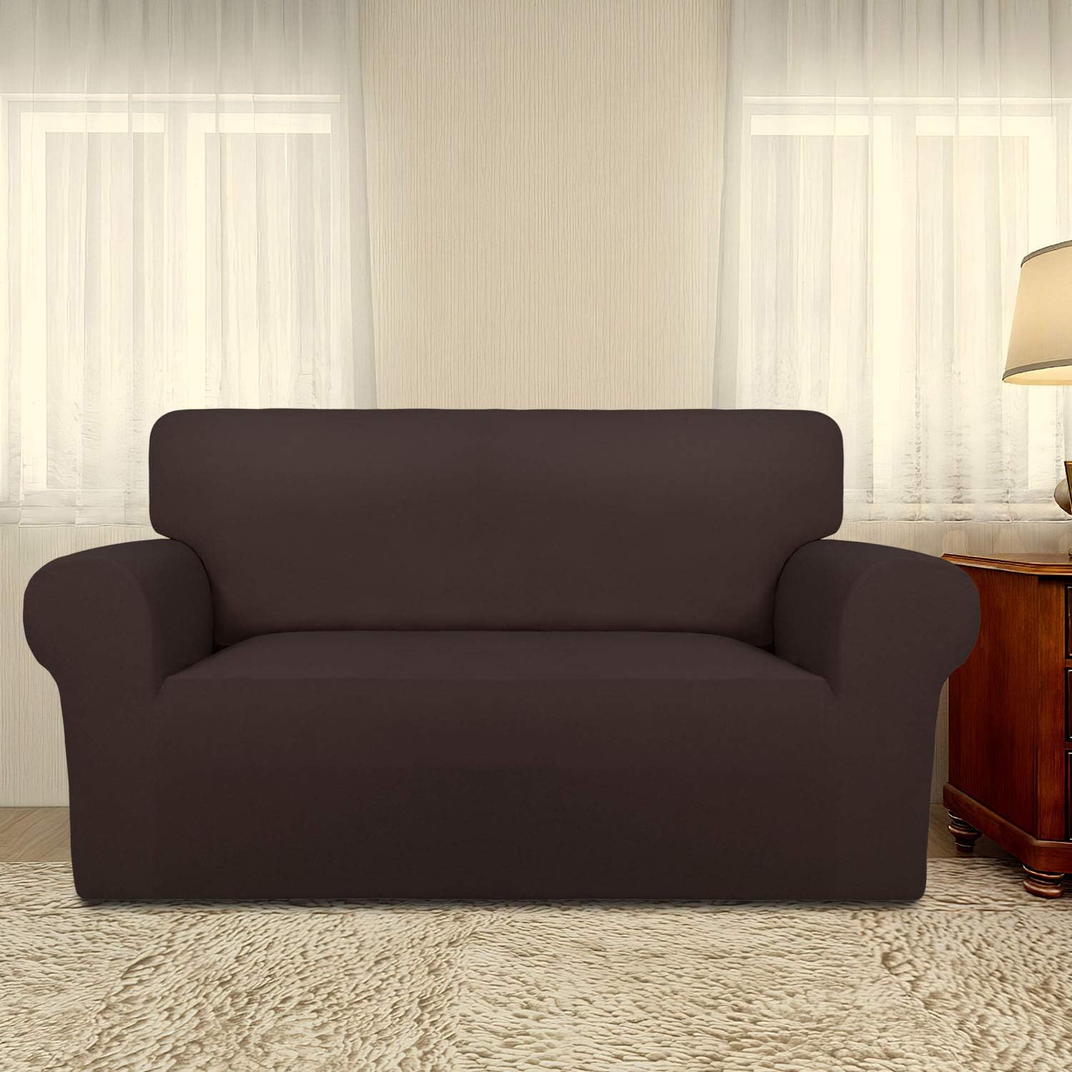 PureFit Super Stretch Chair Sofa Slipcover – Spandex Non Slip Soft Couch Sofa Cover, Washable Furniture Protector with Non Skid Foam and Elastic Bottom for Kids, Pets （Loveseat， Chocolate）: Furniture & Decor