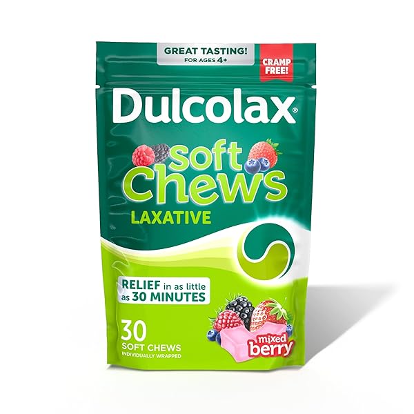 DULCOLAX SALINE LAXATIVE SOFT CHEWS, FAST-ACTING LAXATIVE, GENTLE CONSTIPATION RELIEF, MIXED BERRY FLAVOR, MAGNESIUM HYDROXIDE 1200 MG, 30 COUNT, OCCASIONAL CONSTIPATION.