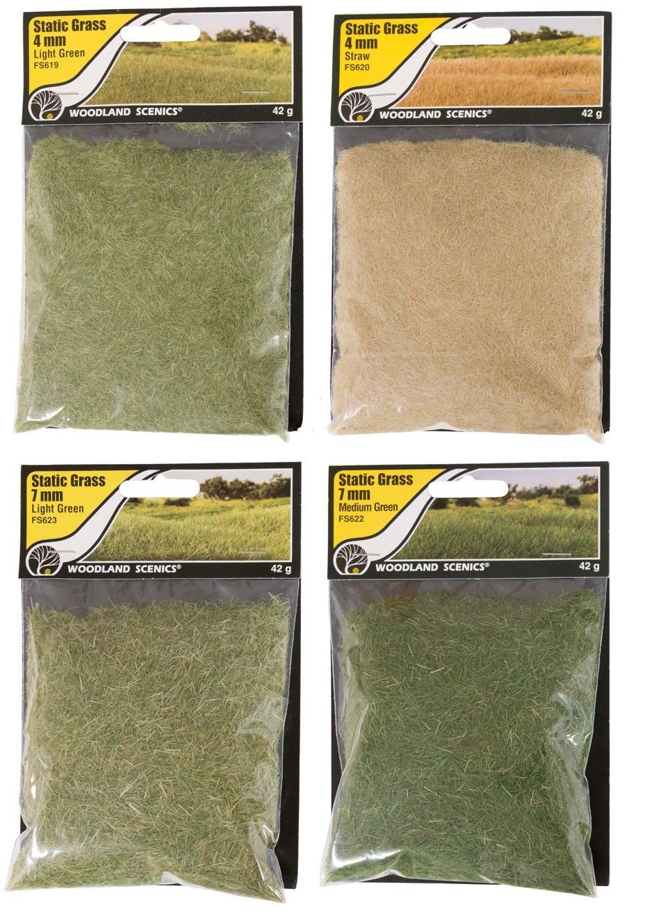 Woodland Scenics Static Grass, 4mm Light Green, 7mm Light Green, 4mm Straw, and 7mm Medium Green (Pack of 4) - with Make Your Day Paintbrushes