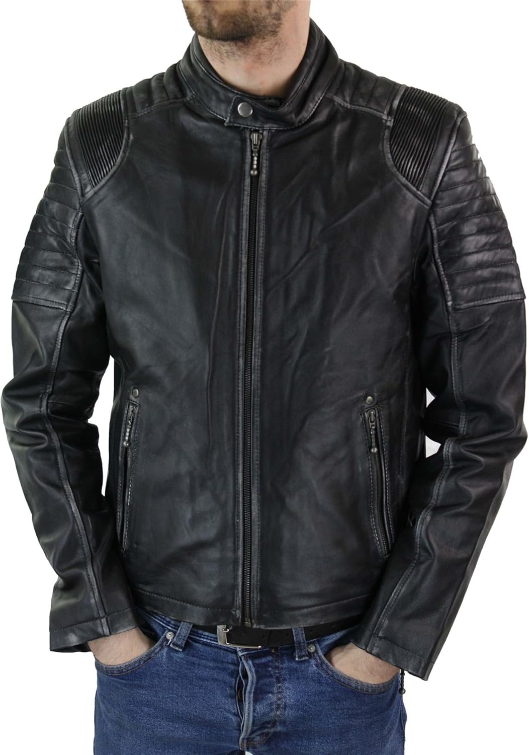 Aviatrix Mens Distressed Vintage Black Washed Real Leather Biker Jacket Zipped at Amazon Menâs 