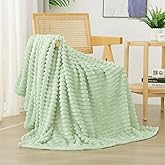 Linecooo Cream Green Fleece Throw Blanket 50”×60” for Couch Sofa Bed,Super Soft Cozy Plush Microfiber Flannel Blanket with Stripes Design Lightweight for Adults,Woman,Girls