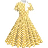 IKADEX Women's Vintage Polka Dot Dress 1950s Tie Neck Retro Short Sleeve Cocktail Swing A-Line Summer Dresses