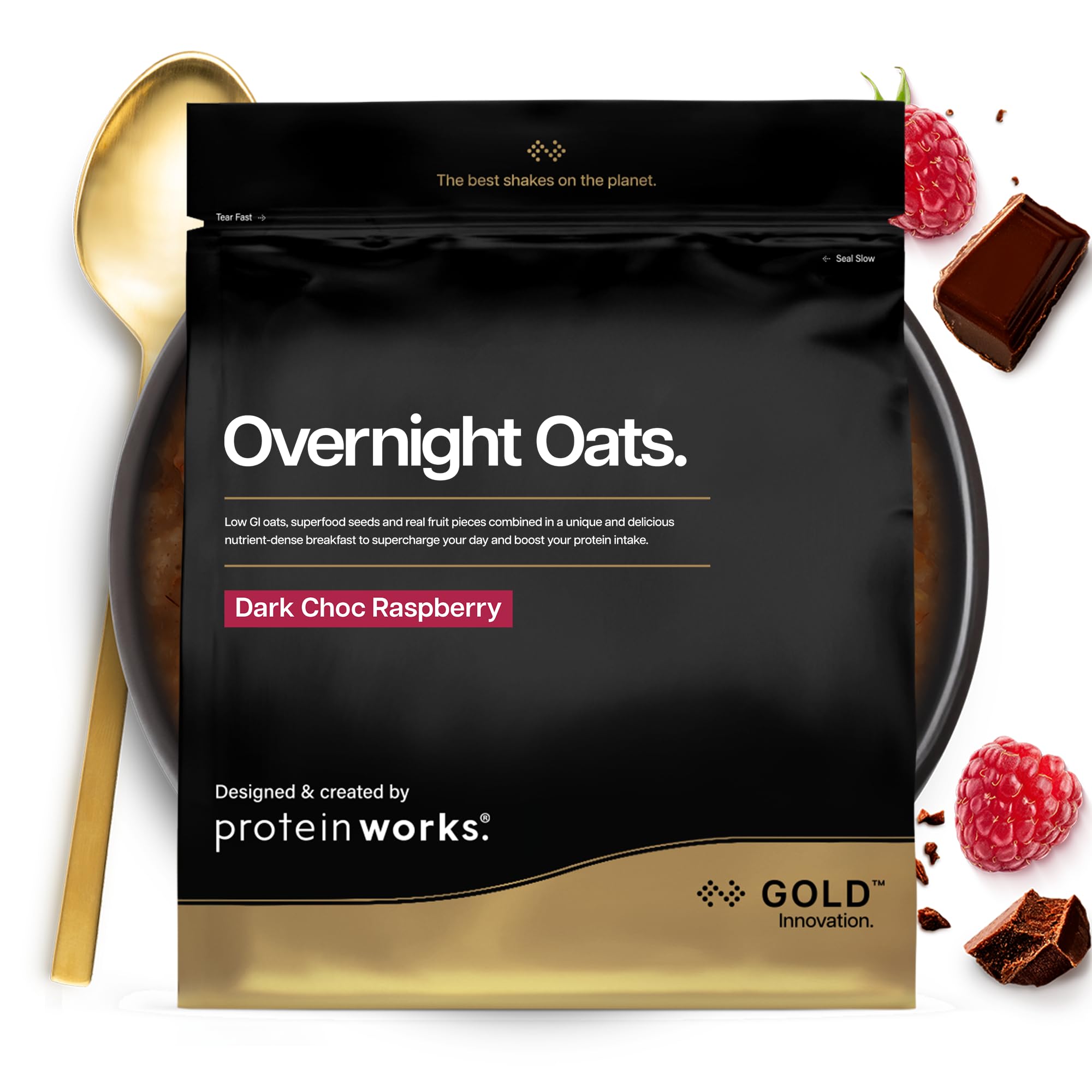 Protein Works | Overnight Oats - Gold Innovation, High Protein Breakfast, Chia & Flax Seed, Supports Healthy Weight Loss, Low Sugar, Dark Choc Raspberry, 14 Servings, 1kg