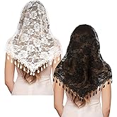 loghohu 2 Pcs Mass Veil Triangle Mantilla Cathedral Head Covering, Veils for Church Catholic with Tassels Lace Latin Catholic Veils for Women Mass Wedding Bridal (Black + White)