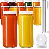 12 PACK, 16 OZ Glass Juice Bottles with Airtight Lids, Bonus 2 Straws & Perforated Lids, Reusable Juicer, Juicing Bottles - Clear Drinking Jars Cups, Water Bottle, Travel Juice Container, White Caps