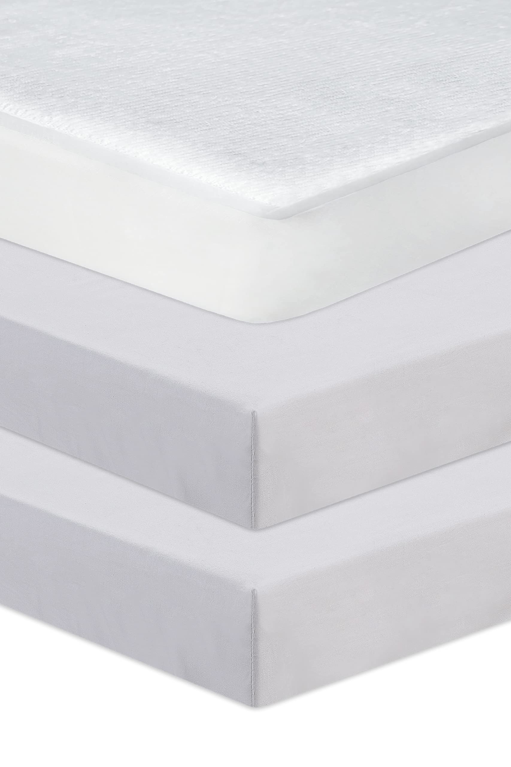 Hajran Linen 3 Pcs Soft & Cozy Crib/Cradle Fitted Sheets - 100% Pure Cotton 2x Fitted Sheets + 1x Waterproof Mattress Protector - Premium Quality High Thread Count (90 x 50 cm, Silver) — image 1