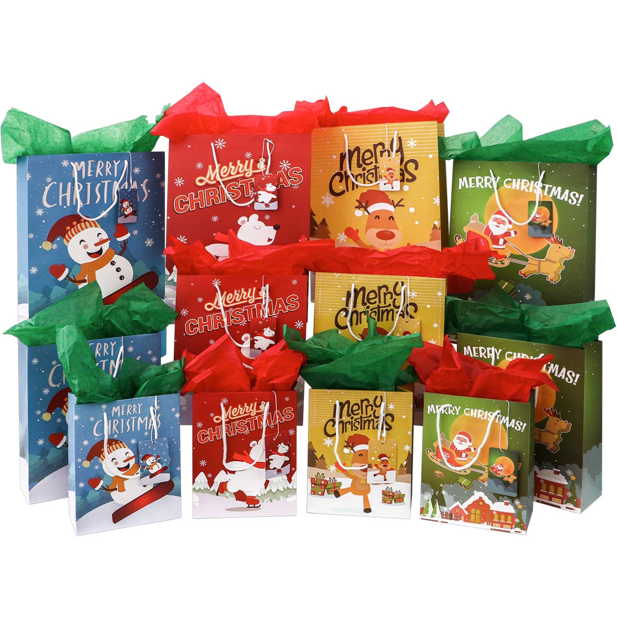 Hemoton 12pcs Christmas Bags for Gift Assorted Sizes with Label and Tissue Paper, Multipack Presents Paper Gift Bags, Reusable Xmas Party Tote Bag With Handle for Friends Family Kids Present Wrapping