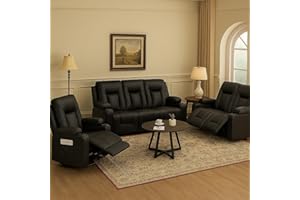 LUCKLIFE Leather Recliner Sofa Set with Manual Recliners,Living Room Furniture Set with Reclining Couch,Loveseat and Armchair,Living Room Chair with Cup Holders,Black (3+2+1)