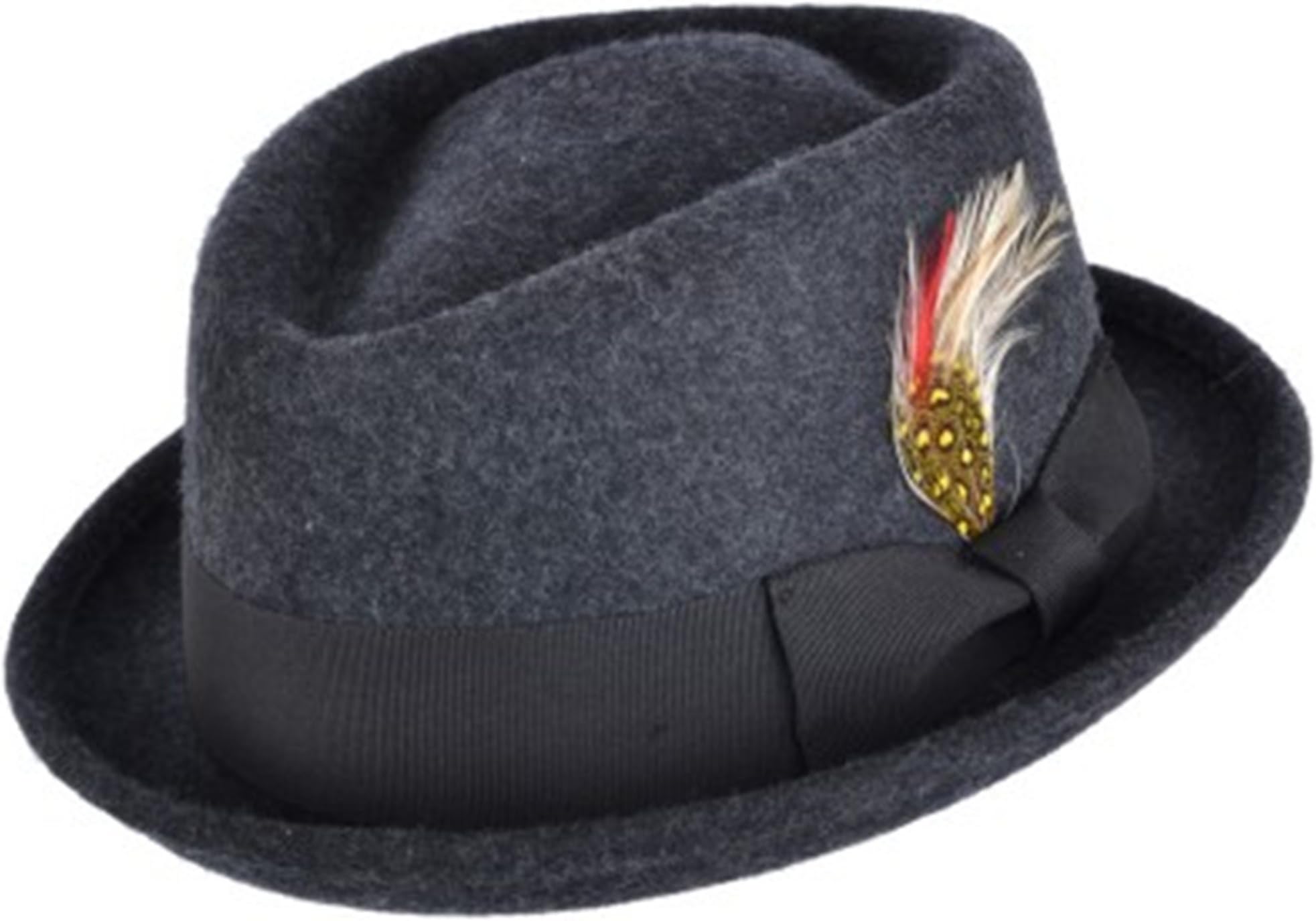 Mix Charcoal Foldable Diamond Crown Pork Pie Trilby Hat with Matching Band 100% Wool