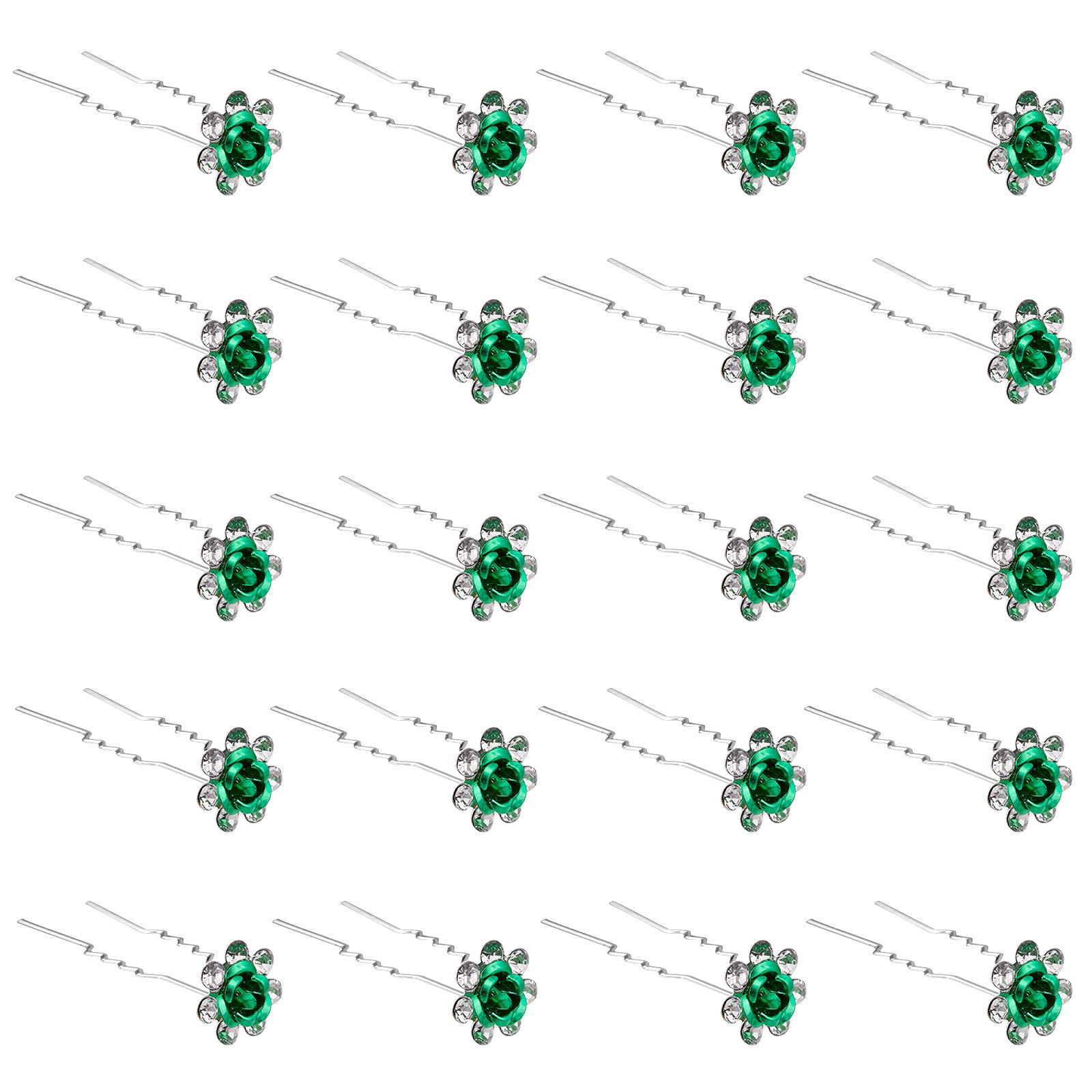 ZOUIQSS 20 Pack (Green) Crystal Hair Pins Rose Flower Rhinestone Hair Clips for Bridal Wedding Women Hair Jewelry Accessories,with Clear Container