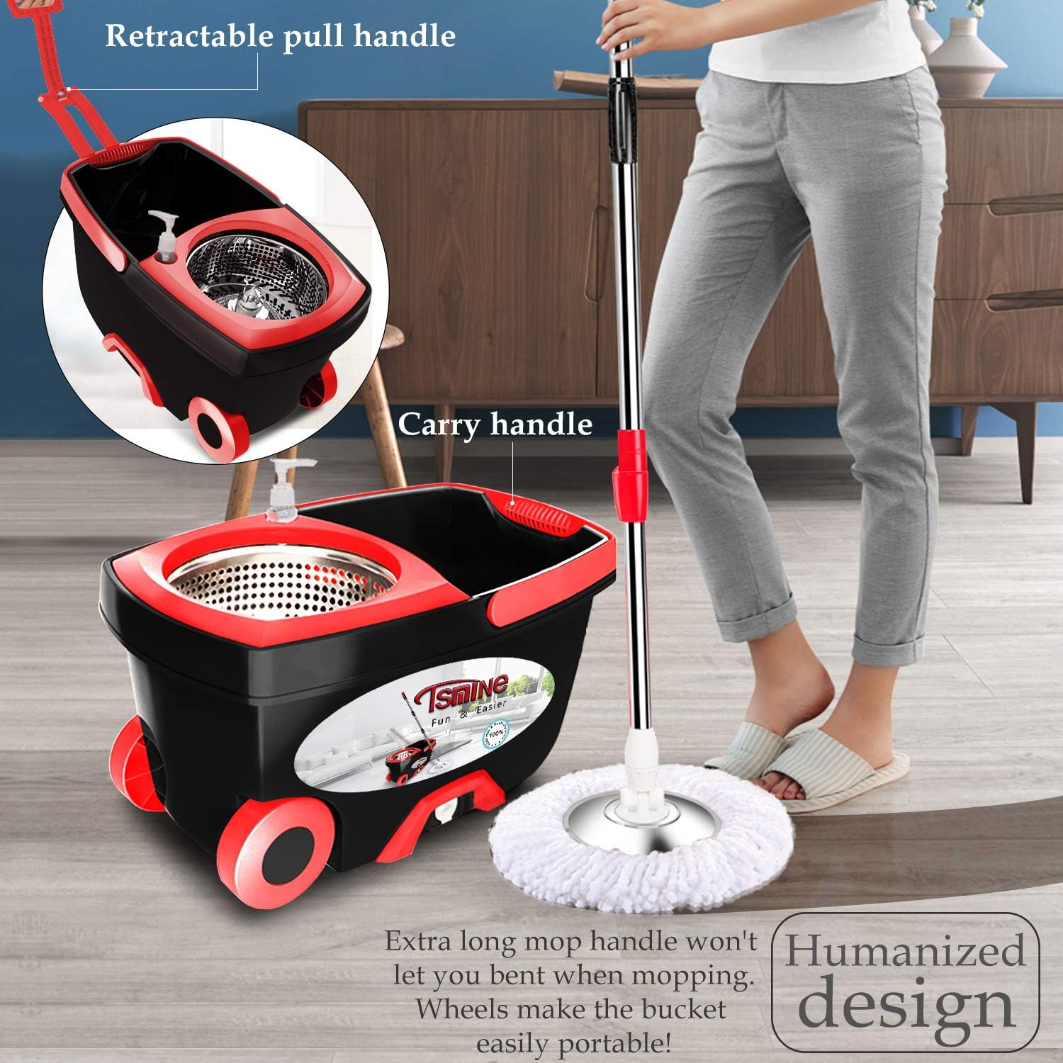 Tsmine Spin Mop & Bucket Floor Cleaning System, Household Cleaning Supplies Stainless Steel Mop Bucket with Wringer on Wheels - 6 Mop Heads 61" Handle, Mop with Bucket for Home Commercial Cleaning: Kitchen & Dining