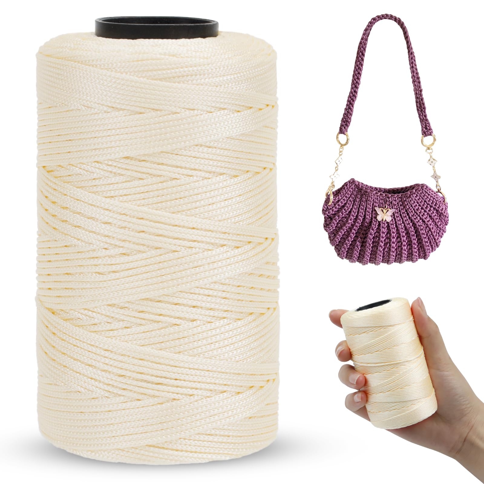 LEREATI Polyester Macrame Cord 1mm x 230m Polyester Yarn for Crocheting Braided Polypropylene Cord Crochet Bag Cord Macrame Yarn for Crocheting, Handbag, Beading, DIY Crafts (Beige)