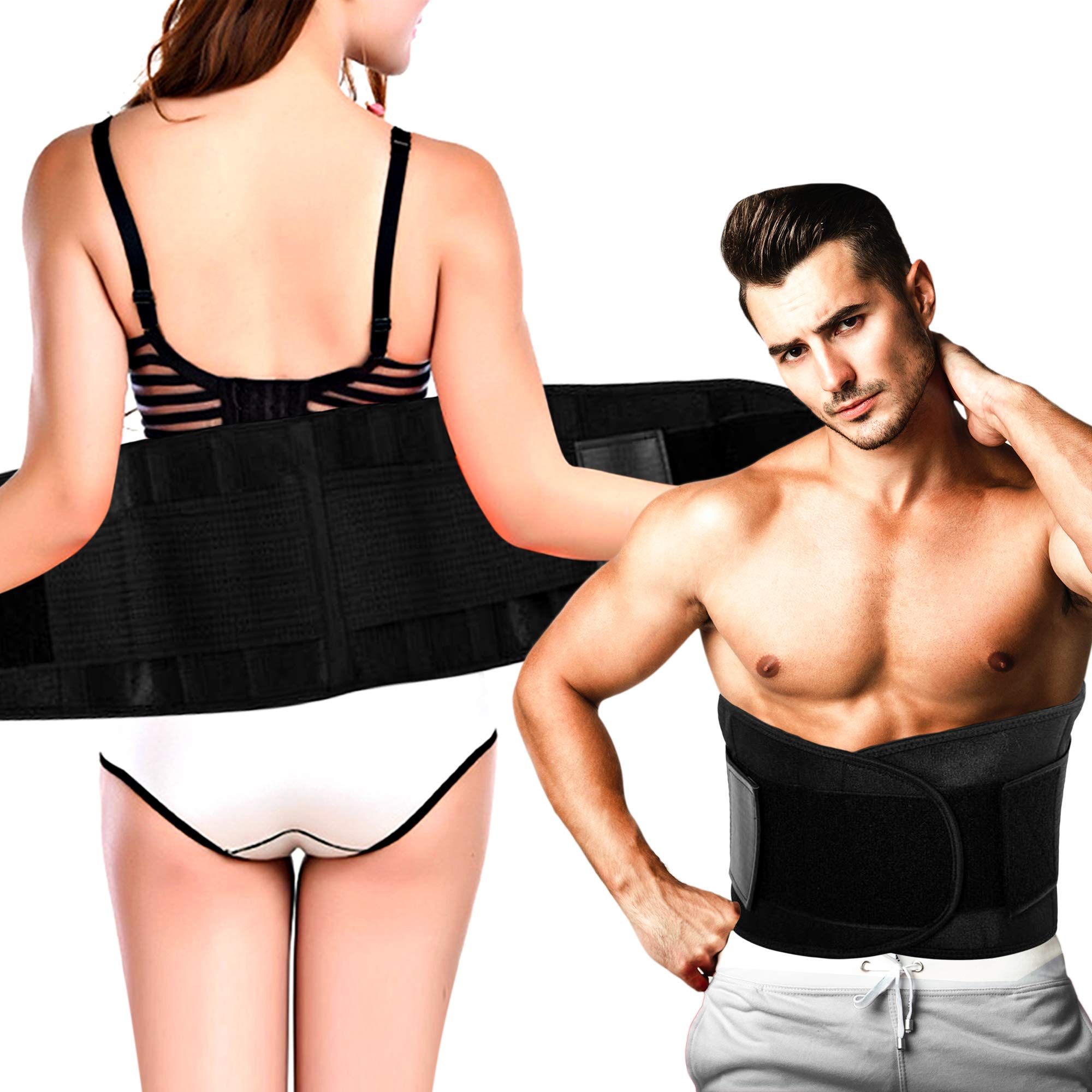 Spinegear Lumbar support belt for lower back pain uk design back brace pain relief belt - Including 4 medical abs Stay & double compression elastic straps for Men and Women L/XL (85-110CM) Black