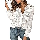 GORGLITTER Women's Boho Peasant Tops Floral Lace Long Sleeve Tops Ruffled Blouses Sheer Button Up Shirt Dressy Casual