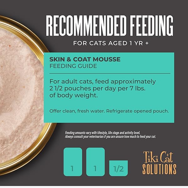 TIKI CAT SOLUTIONS MOUSSE SKIN & COAT MOUSSE, SALMON RECIPE, SPECIALLY FORMULATED WITH OMEGA FATTY ACIDS, FUNCTIONAL WET CAT FOOD FOR ADULT CATS, 2.4 OZ. POUCH (12 COUNT)