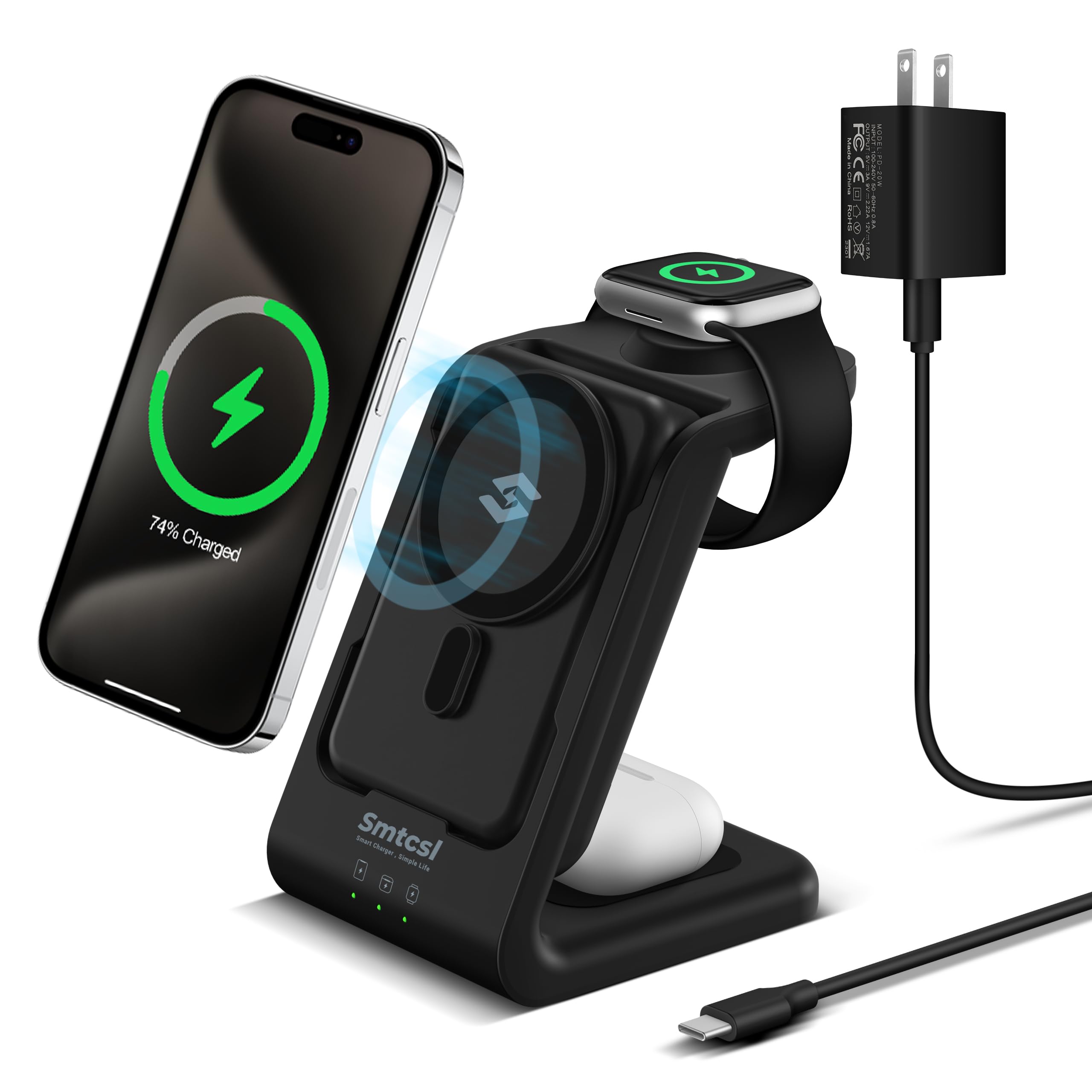 Photo 1 of Smtcsl 3 in 1 Wireless Charging Station: 10000mAh Removable Power Bank Charger Stand for iPhone/Apple Watch/Airpods - Portable Magnetic Battery Pack for Air 17 16 15 14 13 12 Series