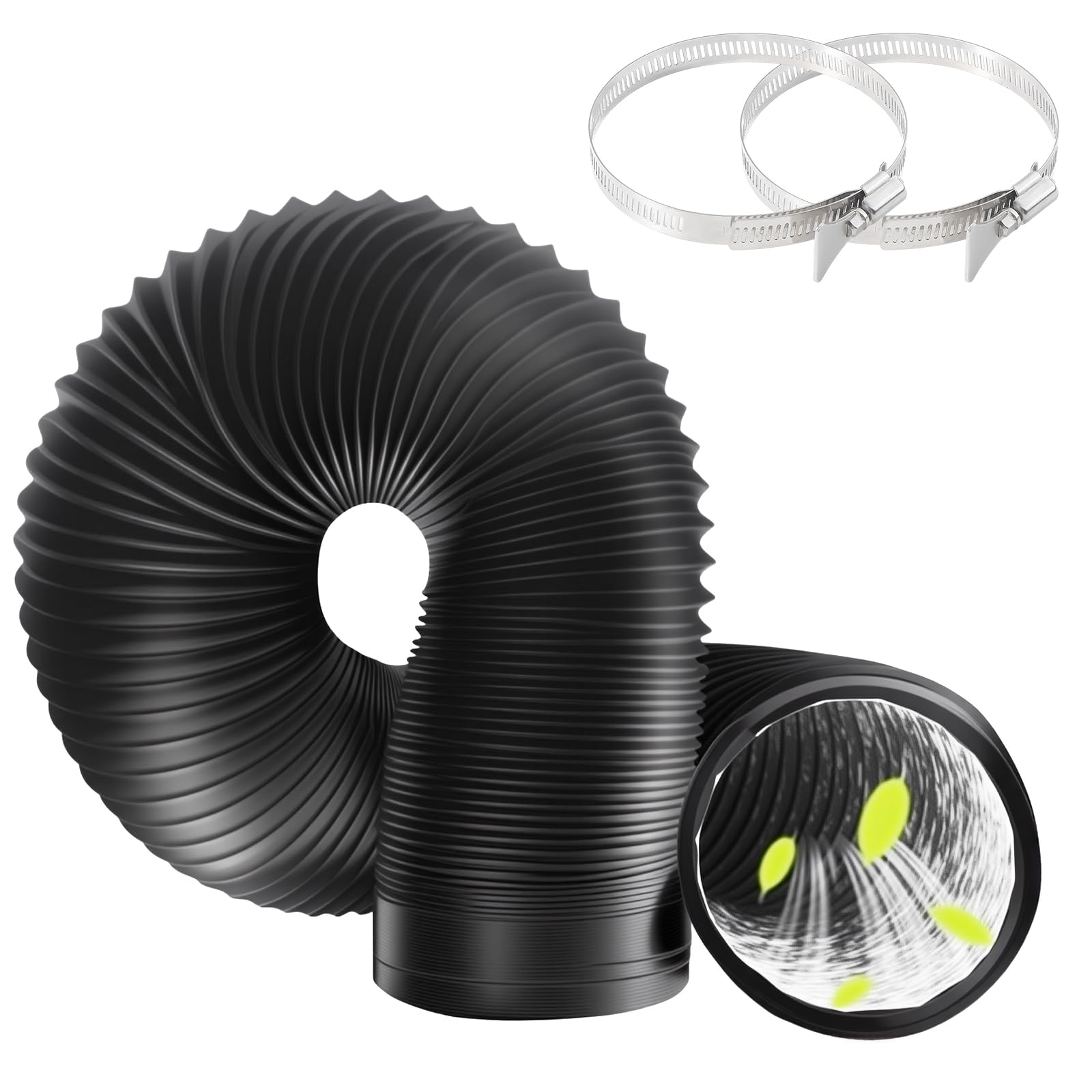 Tumble Dryer Vent Hose 4Inch 10FT (3m) Long Flexible Aluminum Air Ducting 100mm PVC Black Air Duct Pipe with 2 Clamps for Tumble Drier, Air Conditioner, HVAC Ventilation, Cooker Hood, Extractor Fan