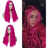 DWMGLP 24" Long Half Hot Pink Curly Wavy Wig For Women Heat Resistant Fiber Wigs Halloween Cosplay Daily Party+Cap (Hot Pink)