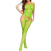 RSLOVE Women Fishnet Bodystocking Attached Stockings Sexy Lingerie Crotchless Bodysuit One Piece Babydoll One Size