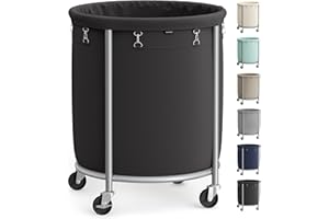 SONGMICS 50.2-Gallon (190 L) Laundry Basket with Wheels, Rolling Round Heavy-Duty Laundry Hamper Cart with Steel Frame and Removable Bag, 2 Locking Wheels, Ink Black and Metallic Silver URLS001B01