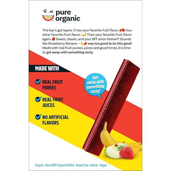 PURE ORGANIC, LAYERED FRUIT BARS, STRAWBERRY BANANA, GLUTEN FREE AND VEGAN FRUIT SNACKS, 6.2OZ BOX (12 COUNT)