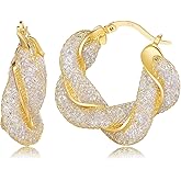 SayovatBek 14K Gold Plated 25–33mm Mesh Hoop Earrings for Women, Cubic Zirconia, 925 Sterling Silver Post, Hypoallergenic Jewelry