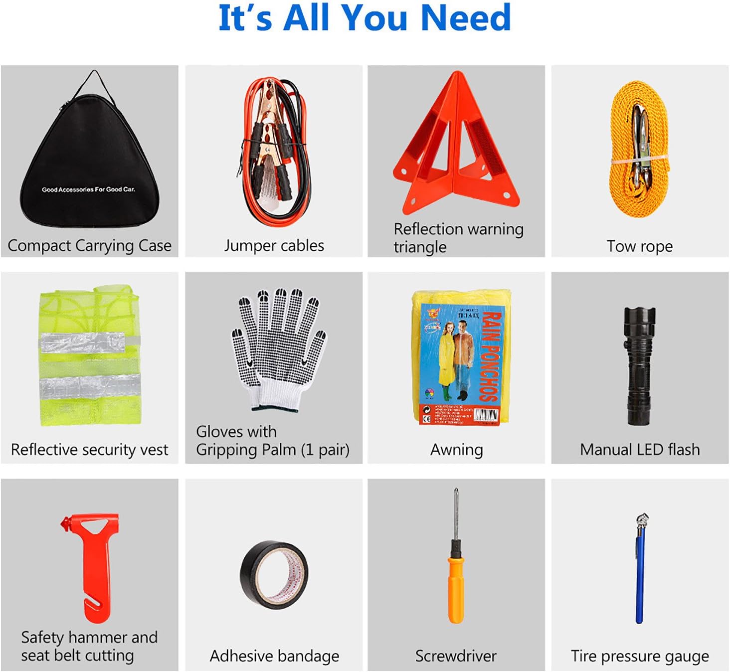 Sailnovo Car Emergency Kits, Multifunctional Roadside Assistance Auto Safty Kit ,First Aid Kit, Jumper Cables, Tow Rope, Triangle, Flashlight, Safety Hammer and More Ideal Survival Pack Accessories: Automotive