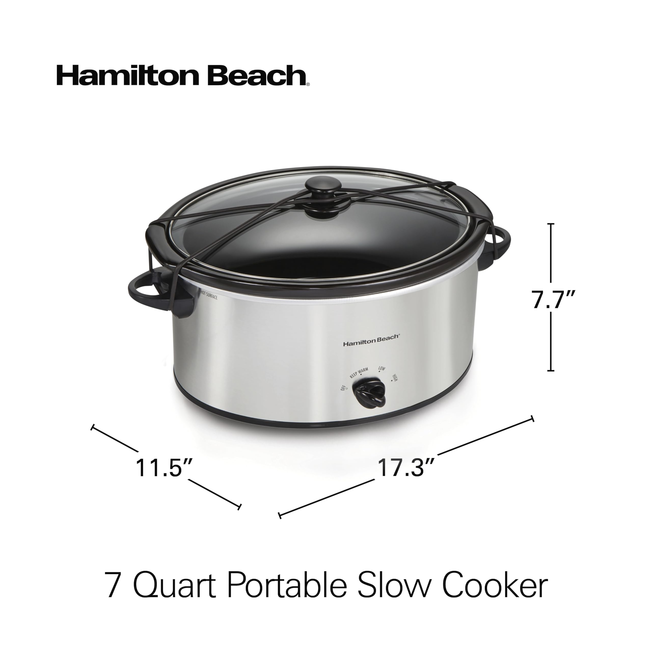 Hamilton Beach 7-Quart Portable Slow Cooker Serves 8+, Dishwasher Safe Crock, Lid Latch Strap for Travel, Brushed Silver