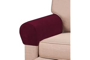 PrinceDeco 2 Pack Thick Velvet Stretch Armrest Covers for Chairs and Sofas - Non Slip Armchair Protectors, Burgundy