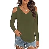 Elesomo Long Sleeve Tshirts for Women Cold Shoulder Tops V Neck Tee Tops, Army Green XXL