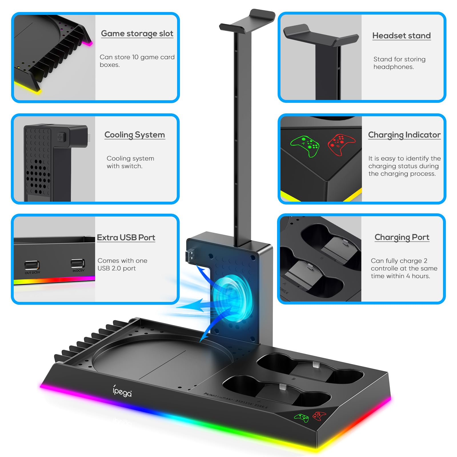 Vertical Stand for Xbox Series X with Cooling Fan& RGB LED Lights and Dust Filter for Xbox Series X