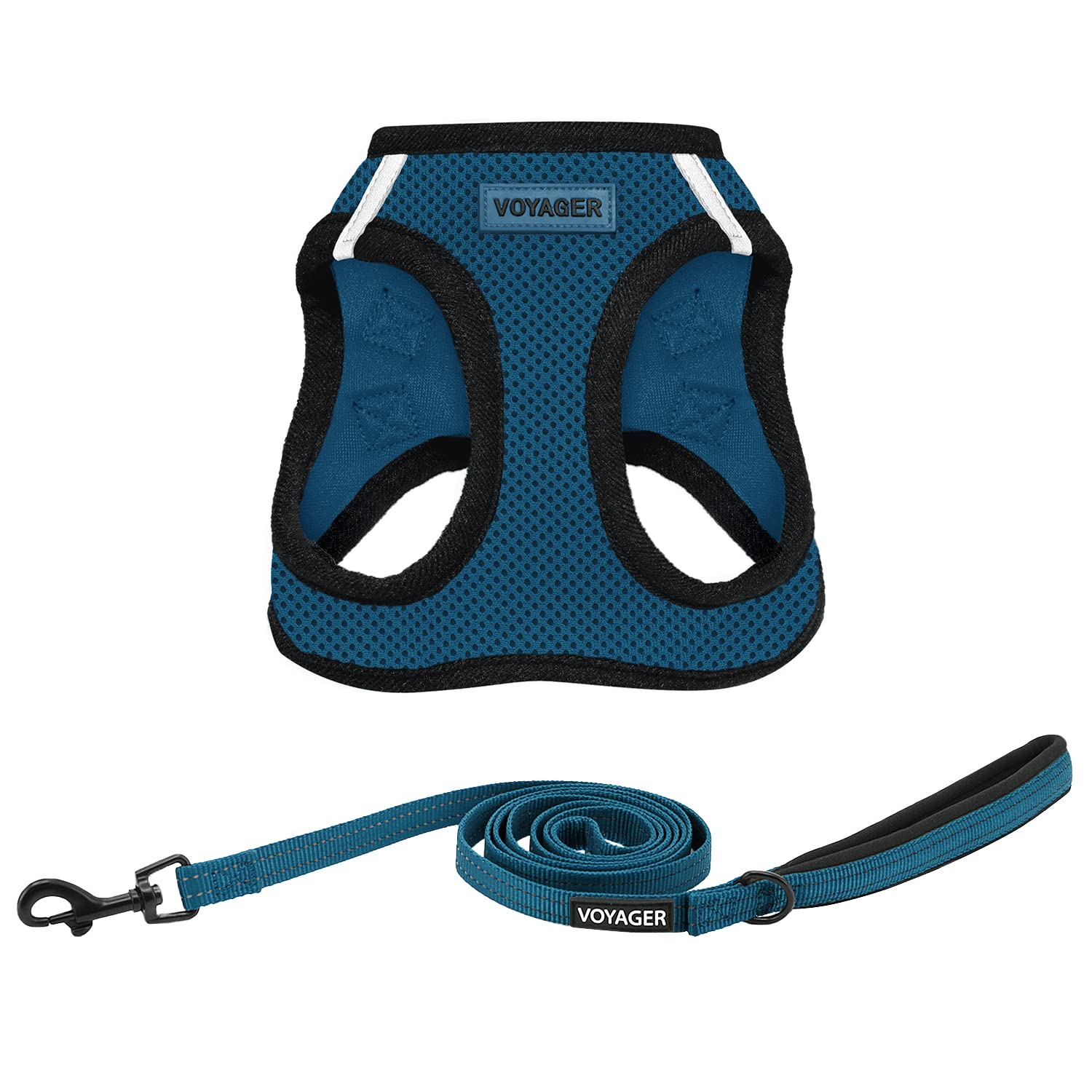 Voyager Step-in Air All Weather Mesh Harness and Reflective Dog 5 ft Leash Combo with Neoprene Handle, for Small, Medium and Large Breed Puppies by Best Pet Supplies - Blue/Black Trim, XX-Small