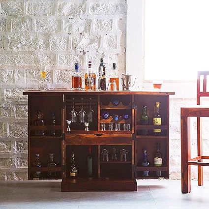 Craftswood Sheesham Wood Bar Cabinet Rack Hard and Soft Drinks Storage Cabinets Sheesham Wood Furniture Wine Wisky Scotch All Type Drinks Bar Cabinet for Living Room (Honey Oak Finish)
