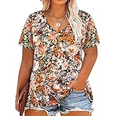 CARCOS Womens Plus Size Tops Short Sleeve Shirts V Neck Tunic Floral/Aniaml Blouses XL-5X