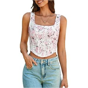SHENHE Women's Summer Floral Corset Crop Top Square Neck Vintage Going Out Bustier Corset Tank
