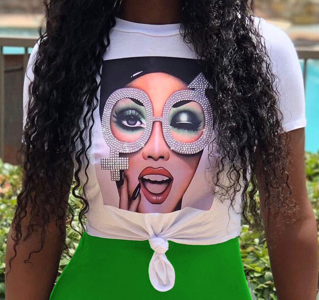 Womens 2 Piece Outfits Short Sleeve Crop Top - Unique Drilling Print Pants Set Green